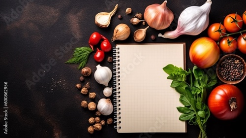 Blank recipe book template mock up with vegetables on wooden table. Healthy Cooking. Long life concept. Nutrition with Vitamins. Generative Ai.