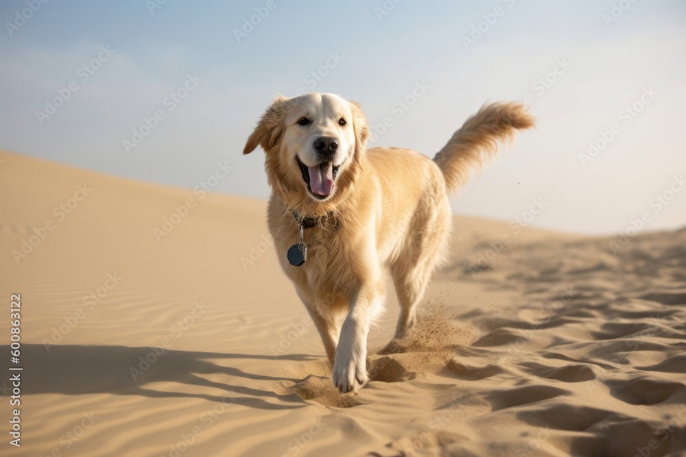 Full-length portrait photography of a happy golden retriever playing with a laser pointer against sand dunes background. With generative AI technology