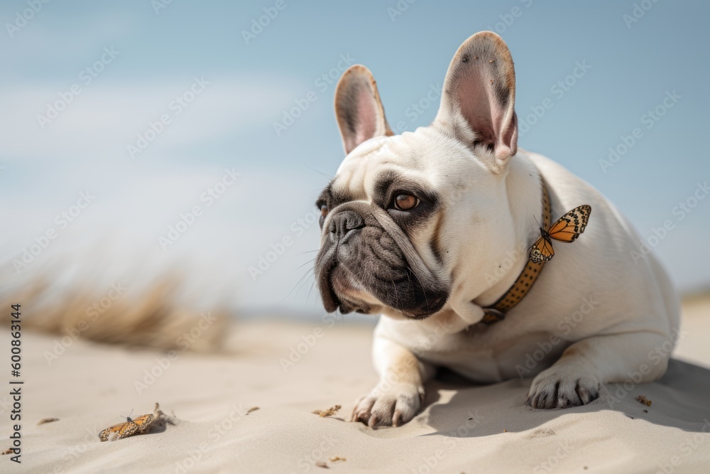 Obraz premium Full-length portrait photography of a bored french bulldog having a butterfly on its nose against sand dunes background. With generative AI technology