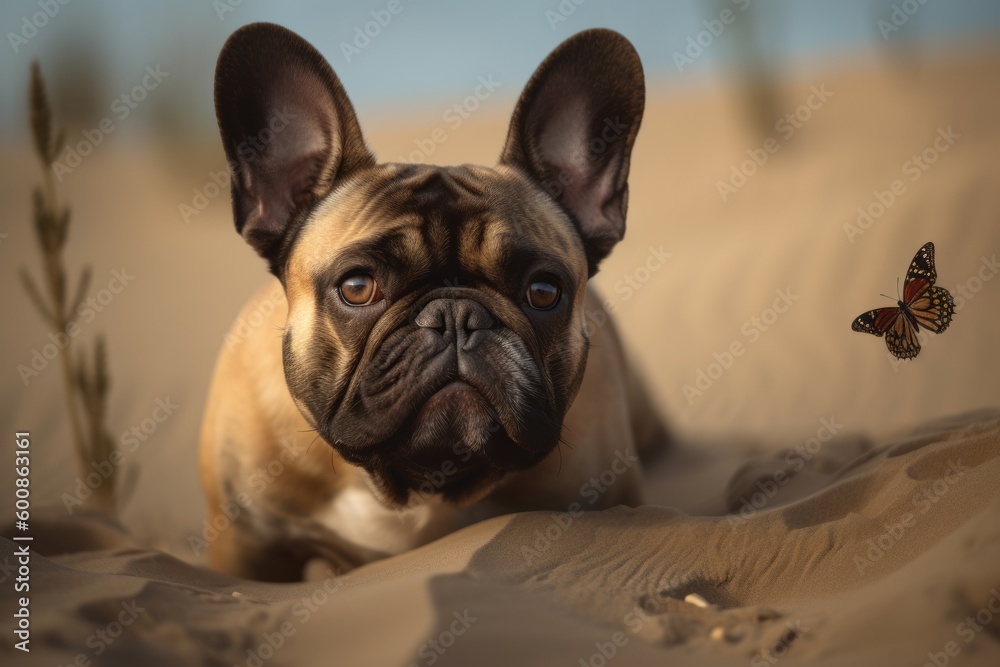 Full-length portrait photography of a bored french bulldog having a butterfly on its nose against sand dunes background. With generative AI technology