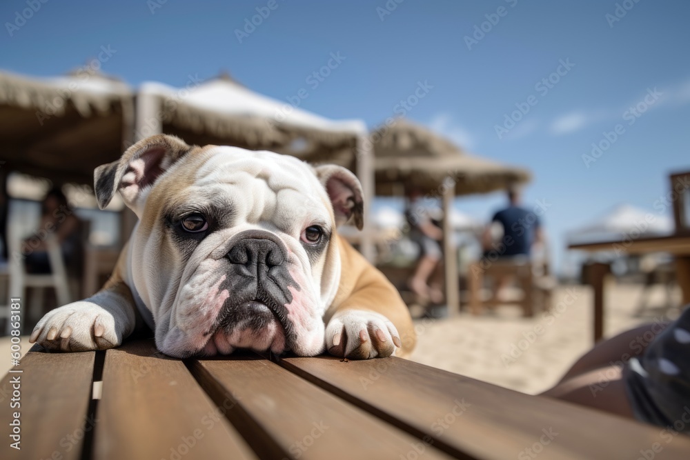 Lifestyle portrait photography of a curious bulldog relaxing at a cafe against sand dunes background. With generative AI technology
