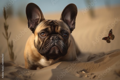 Full-length portrait photography of a bored french bulldog having a butterfly on its nose against sand dunes background. With generative AI technology © Markus Schröder
