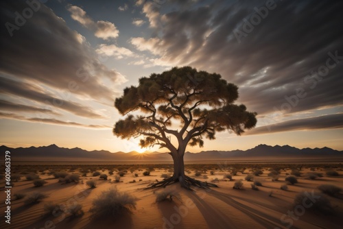 An image of a lone tree standing in the middle of a vast desert landscape, with the sun setting behind it ai generated
