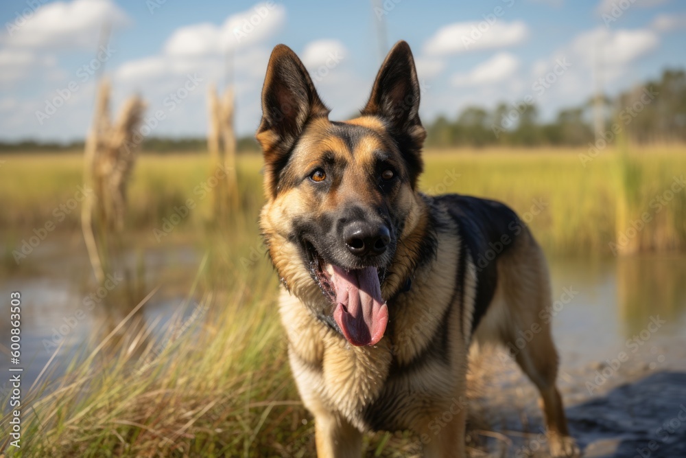 Close-up portrait photography of a happy german shepherd playing with a tennis ball against wetlands and marshes background. With generative AI technology