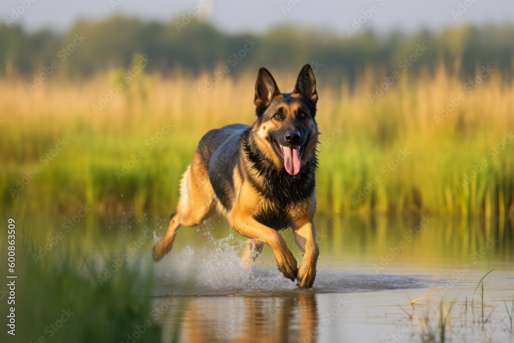 Full-length portrait photography of a happy german shepherd running against wetlands and marshes background. With generative AI technology Full-length portrait photography of a happy german shepherd running against wetlands and marshes background. With generative AI technology