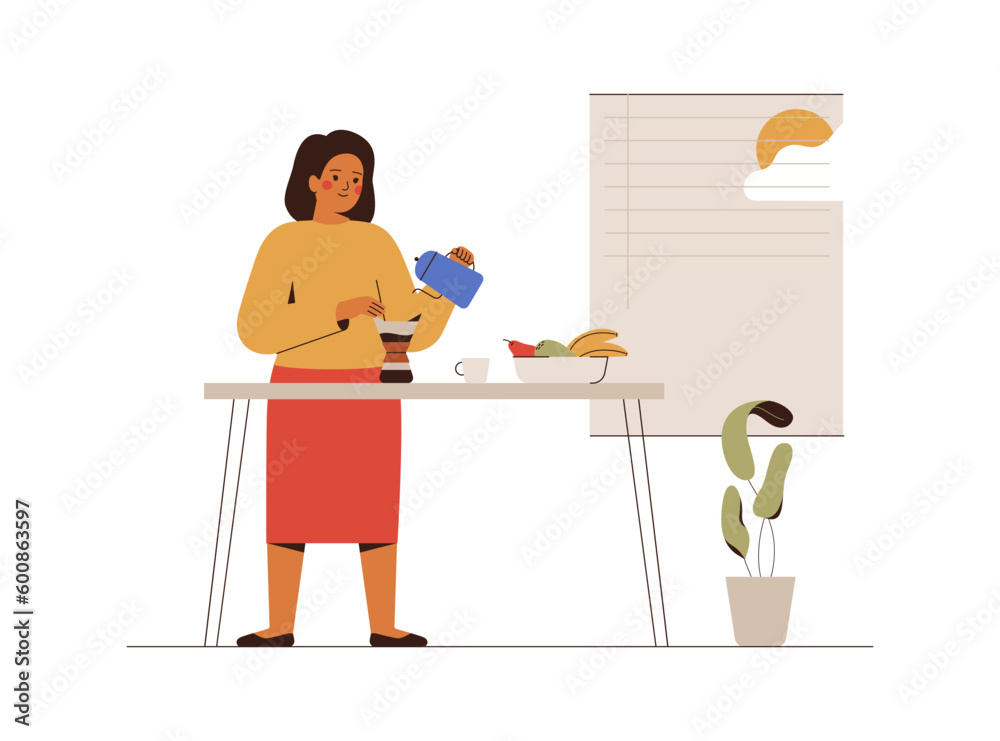 Woman making her morning coffee at home. Business female has brunch at office. Girl brewing dark coffee with paper filter in traditional glass bubble on breakfast. Drink concept. Vector illustration Woman making her morning coffee at home. Business female has brunch at office. Girl brewing dark coffee with paper filter in traditional glass bubble on breakfast. Drink concept. Vector illustration