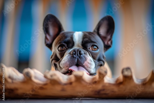 Medium shot portrait photography of an aggressive french bulldog biting a bone against observatory decks background. With generative AI technology © Markus Schröder