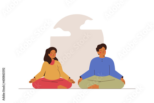 Family meditate together at home near the window. Man and his pregnant woman relax in lotus posture and do breathing exercises. Meditation concept for saving mental and body health. Vector