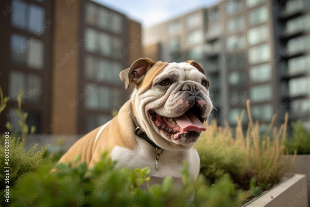 Environmental portrait photography of a happy bulldog being with a pet fish against urban rooftop gardens background. With generative AI technology