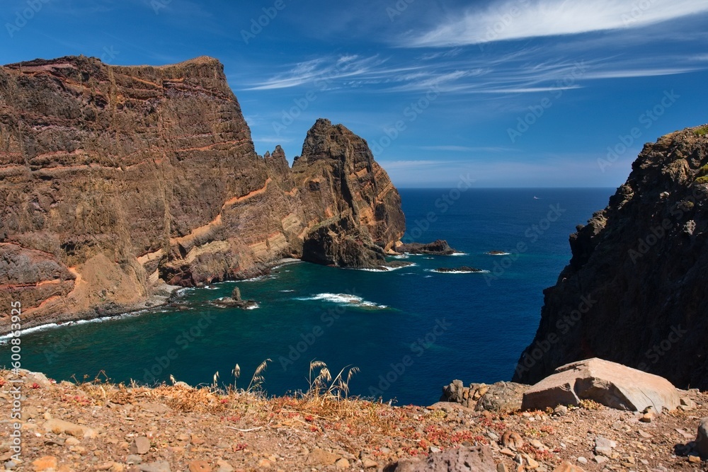 View of volcanic landscape and cliffs in Ponta de Sao Lourenco, Madeira Islands, Portugal.
