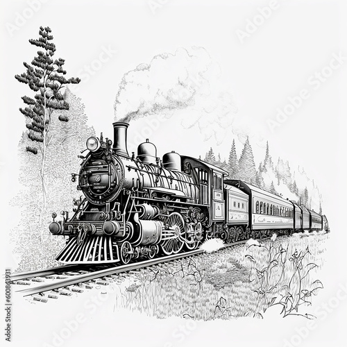 black and white drawing of a locomotive with steam in the woods