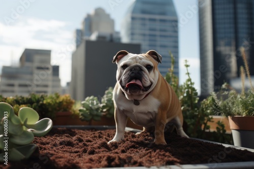 Environmental portrait photography of a happy bulldog being with a pet fish against urban rooftop gardens background. With generative AI technology