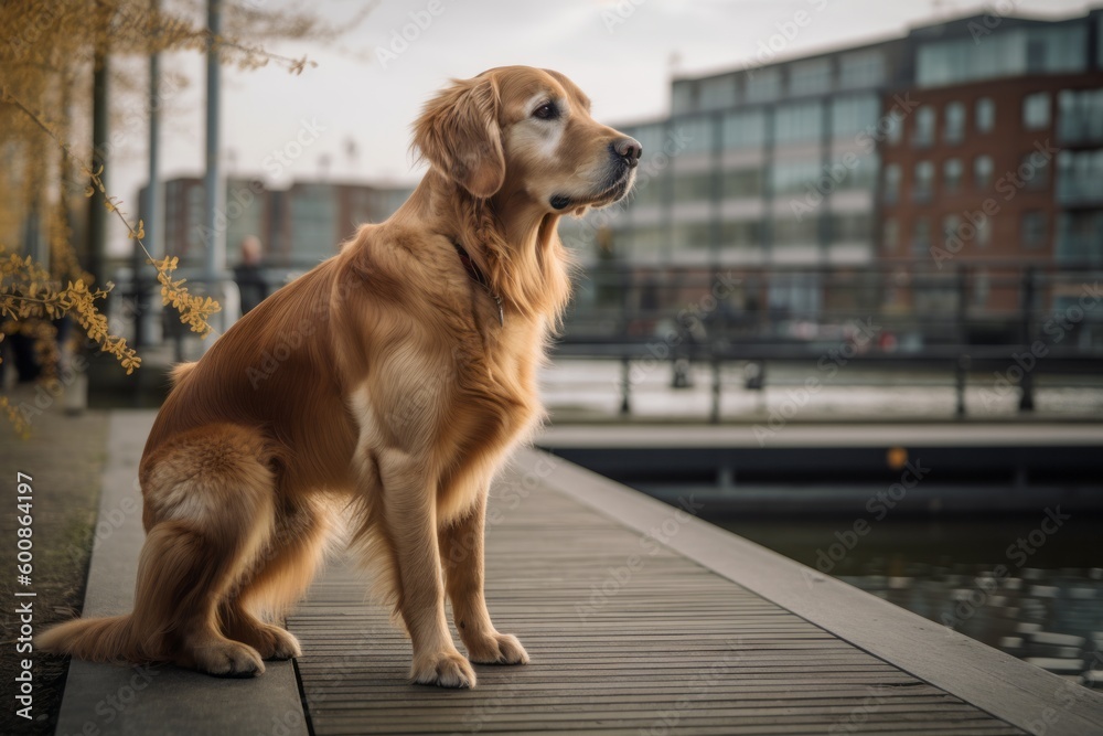 Full-length portrait photography of a curious golden retriever being at an art gallery against canals and waterways background. With generative AI technology Full-length portrait photography of a curious golden retriever being at an art gallery against canals and waterways background. With generative AI technology