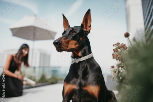 Environmental portrait photography of a tired doberman pinscher posing with a wedding couple against urban rooftop gardens background. With generative AI technology