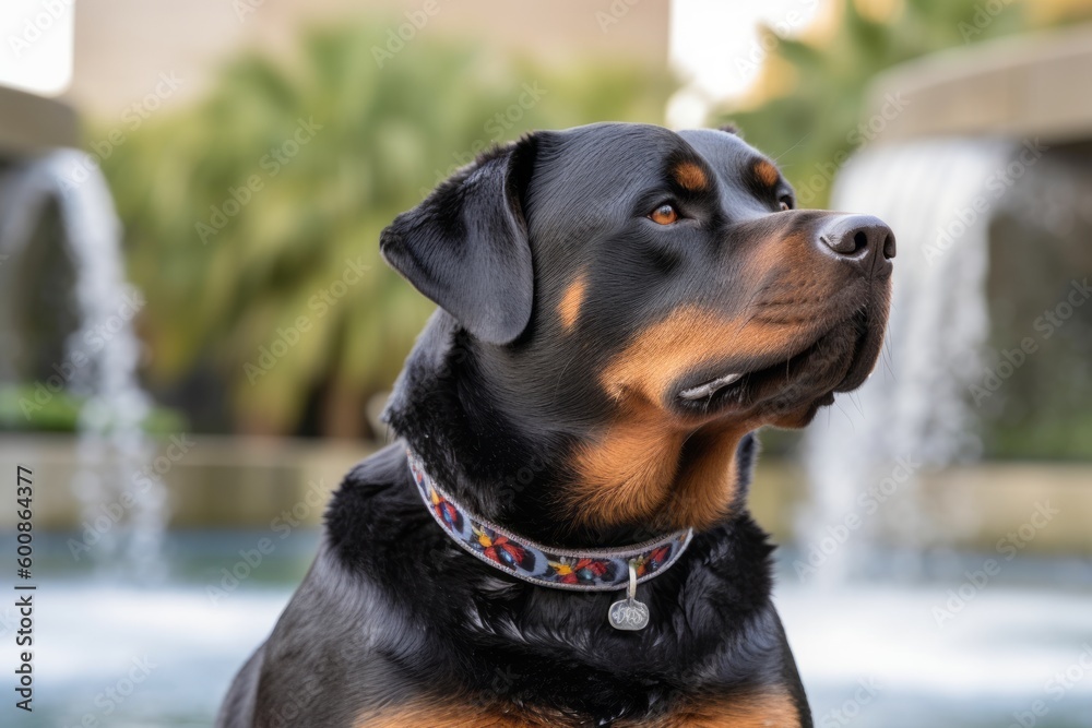 Headshot portrait photography of a curious rottweiler wearing a collar against fountains and water features background. With generative AI technology Headshot portrait photography of a curious rottweiler wearing a collar against fountains and water features background. With generative AI technology