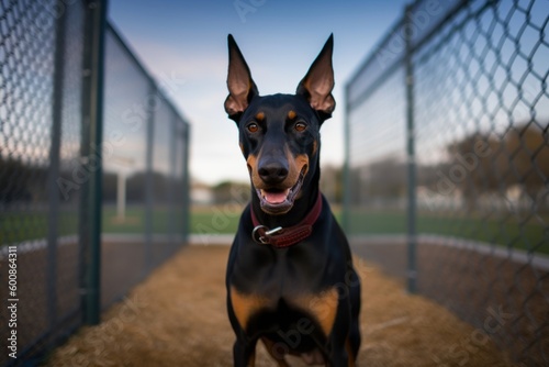 Environmental portrait photography of a happy doberman pinscher being at a dog park against planetariums background. With generative AI technology photo