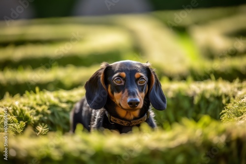 Lifestyle portrait photography of an aggressive dachshund rolling against outdoor mazes background. With generative AI technology