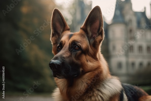 Close-up portrait photography of a curious german shepherd swinging against castles and palaces background. With generative AI technology
