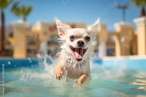 Medium shot portrait photography of a happy chihuahua splashing in a pool against ghost towns background. With generative AI technology © Markus Schröder