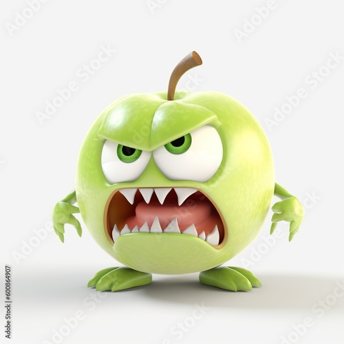 An illustration of a scary apple cartoon character with big eyes and an angry expression - AI generative. Perfect for children's illustrations and designs