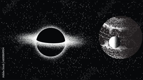 Black hole with disc of plasma  in space. Supermassive singularity in core off a galaxy, with noise texture . Event horizon .Vector illustration