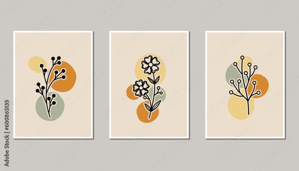 Botanical wall art vector set. Foliage line art drawing with abstract shape. Abstract Plant Art design for print, cover, wallpaper, Minimal and natural wall art. Vector illustration