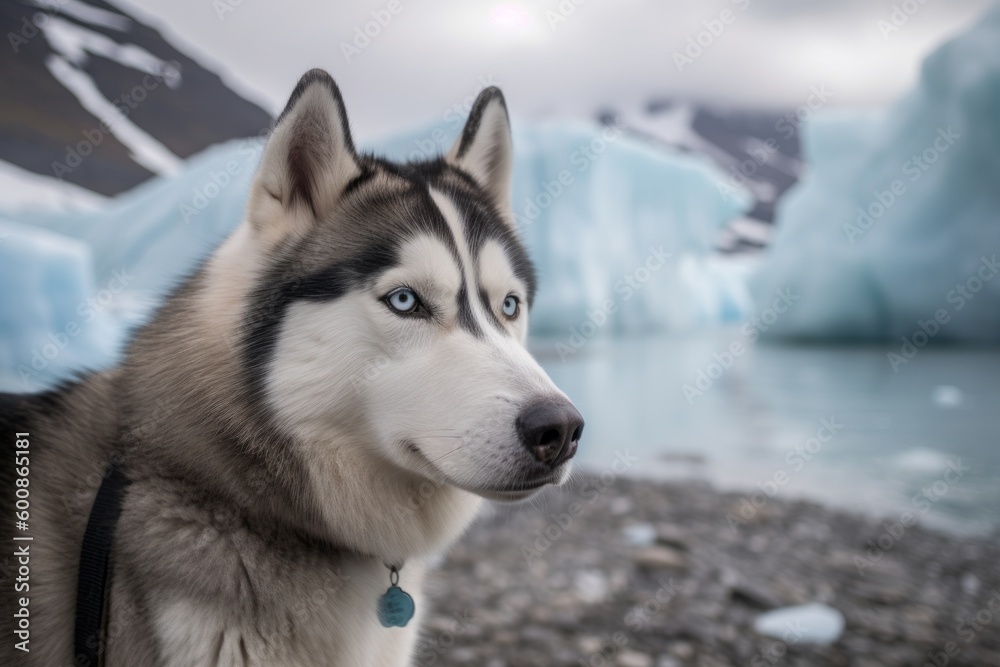 Group portrait photography of a curious siberian husky having a butterfly on its nose against glaciers and ice caves background. With generative AI technology
