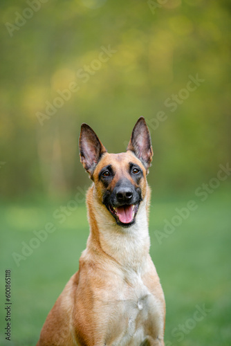 Beautiful Belgian Shepherd Malinois dog outdoor portrait on the green forest background with open mouth