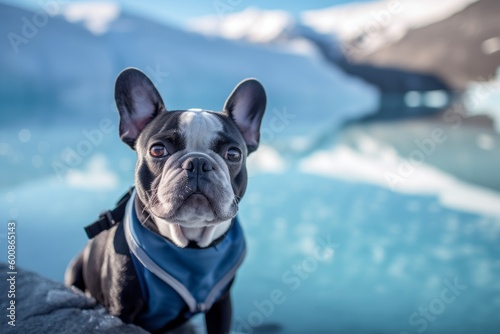 Lifestyle portrait photography of a curious french bulldog being at a spa against glaciers and ice caves background. With generative AI technology