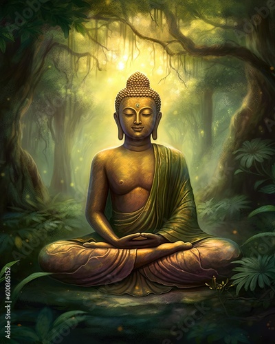 Buddha statue in the woods created with Generative AI technology.