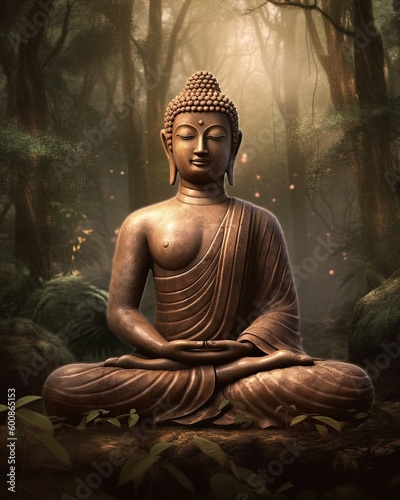 Buddha statue in the woods created with Generative AI technology.