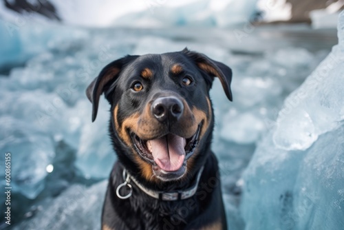 Lifestyle portrait photography of a happy rottweiler having a butterfly on its nose against glaciers and ice caves background. With generative AI technology