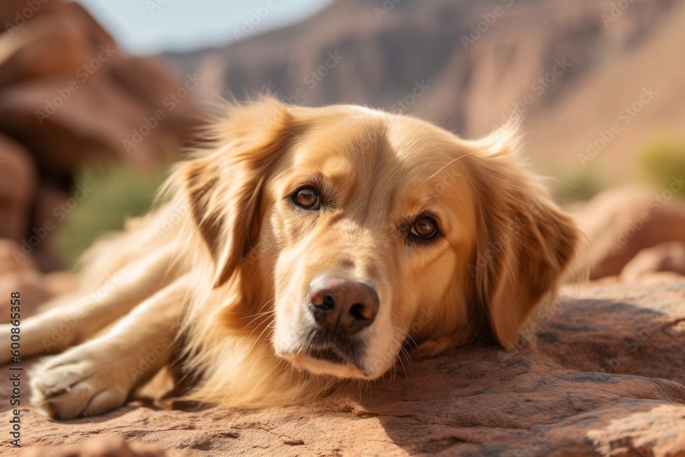 Studio portrait photography of an aggressive golden retriever lying down against gorges and canyons background. With generative AI technology Studio portrait photography of an aggressive golden retriever lying down against gorges and canyons background. With generative AI technology