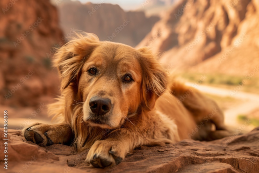 Studio portrait photography of an aggressive golden retriever lying down against gorges and canyons background. With generative AI technology Studio portrait photography of an aggressive golden retriever lying down against gorges and canyons background. With generative AI technology