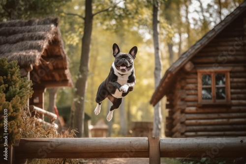 Full-length portrait photography of a happy french bulldog jumping against treehouses background. With generative AI technology