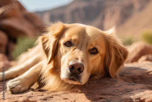 Studio portrait photography of an aggressive golden retriever lying down against gorges and canyons background. With generative AI technology