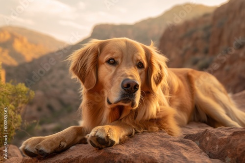 Studio portrait photography of an aggressive golden retriever lying down against gorges and canyons background. With generative AI technology