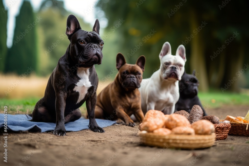 Group portrait photography of an aggressive french bulldog enjoying a picnic against horse