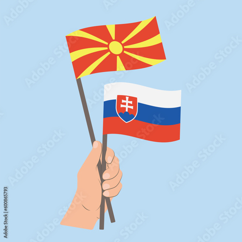 Flags of North Macedonia and Slovakia, Hand Holding flags