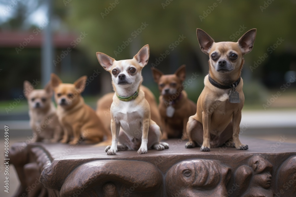 Group portrait photography of an aggressive chihuahua sitting on a bench against sculpture parks background. With generative AI technology