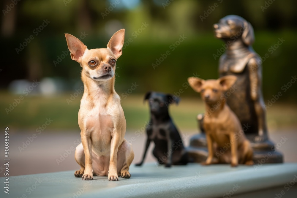 Group portrait photography of an aggressive chihuahua sitting on a bench against sculpture parks background. With generative AI technology