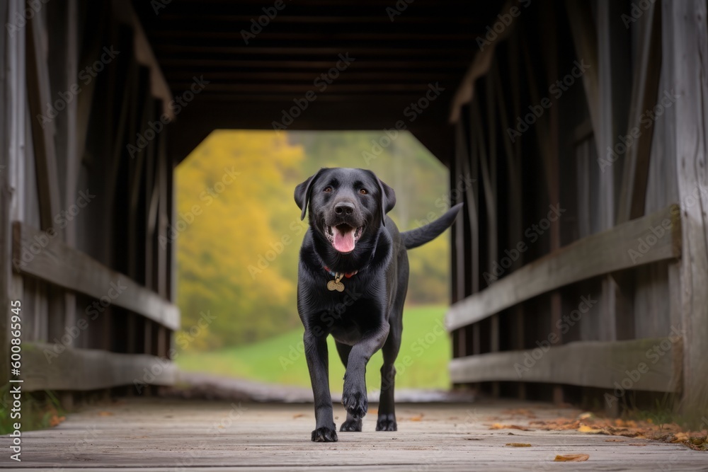 Headshot portrait photography of an aggressive labrador retriever shaking his paws against covered bridges background. With generative AI technology