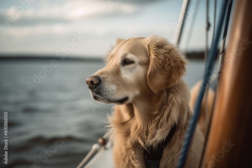 Lifestyle portrait photography of a curious golden retriever sailing on a sailboat against alpaca and llama farms background. With generative AI technology