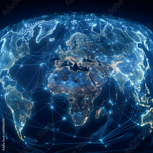 Image of the planet Earth with its continents connected by networks. Concept of technology, communications, online, travel and business. 3D. Generative ai.