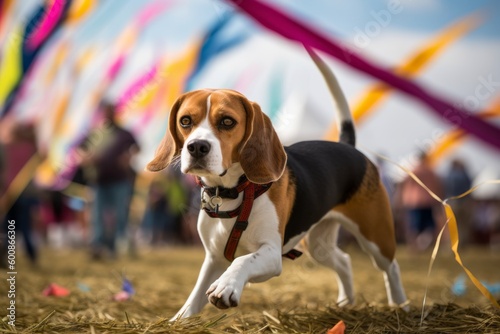 Environmental portrait photography of a scared beagle barking against kite festivals background. With generative AI technology