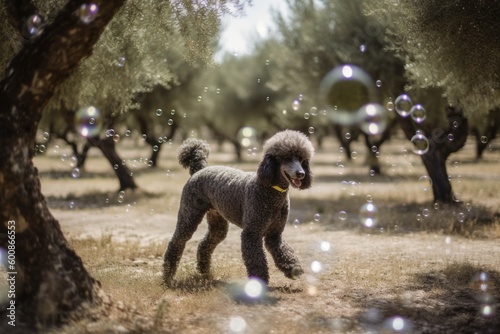 Full-length portrait photography of a happy poodle playing with bubbles against olive groves background. With generative AI technology