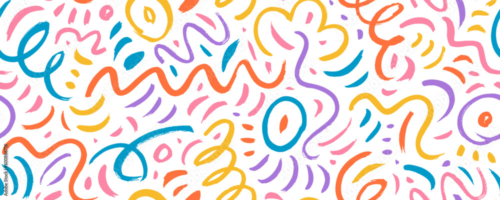 Colorful squiggly lines seamless pattern. Trendy banner design with colored doodles and confetti. Abstract organic pattern with thin curved lines, squiggles. Simple childish scribble wallpaper. 