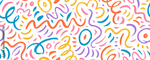 Colorful squiggly lines seamless pattern. Trendy banner design with colored doodles and confetti. Abstract organic pattern with thin curved lines, squiggles. Simple childish scribble wallpaper. 