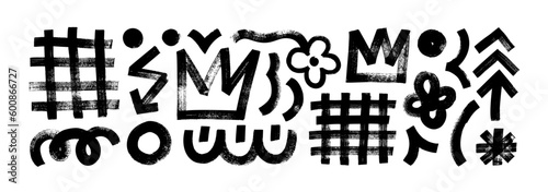 Collection various geometric brush drawn shapes. Crown, arrow, lightning, lattice and squiggles. Bold dry brush strokes. Vector geometric figures and objects. Abstract contemporary trendy banner.