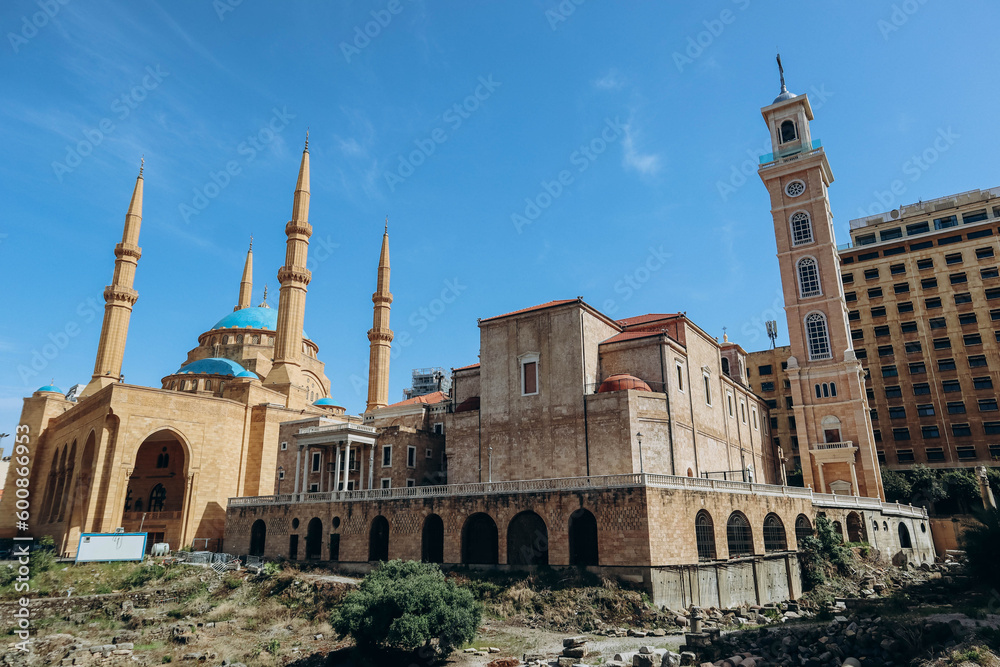 Beirut, Lebanon — 24.04.2023: Maronite Cathedral of Saint George near the  Mohammad Al-Amin Mosque, located in downtown Beirut.